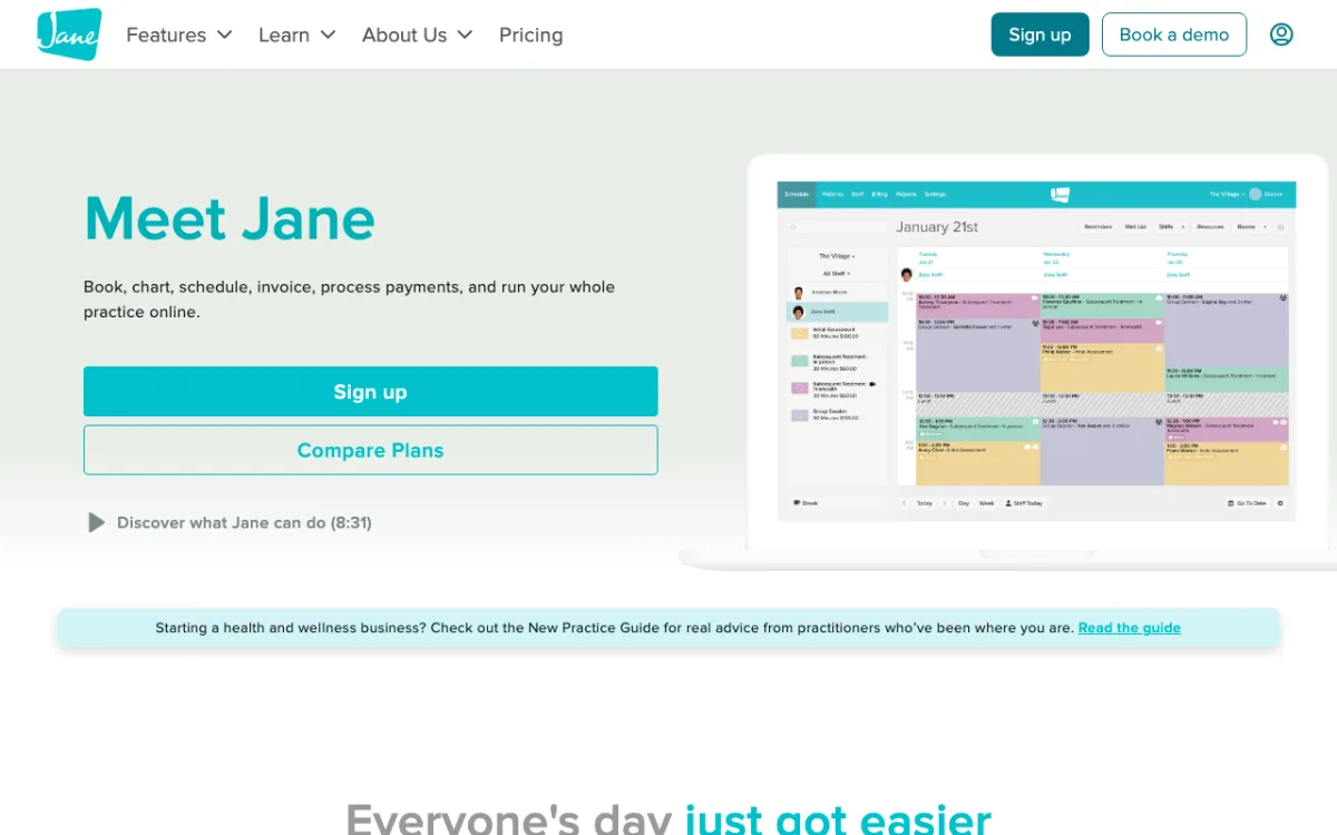 Jane practice-management software homepage screenshot, July 2026