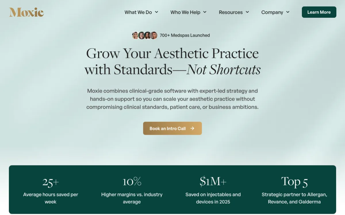 Moxie practice-management software homepage screenshot, July 2026