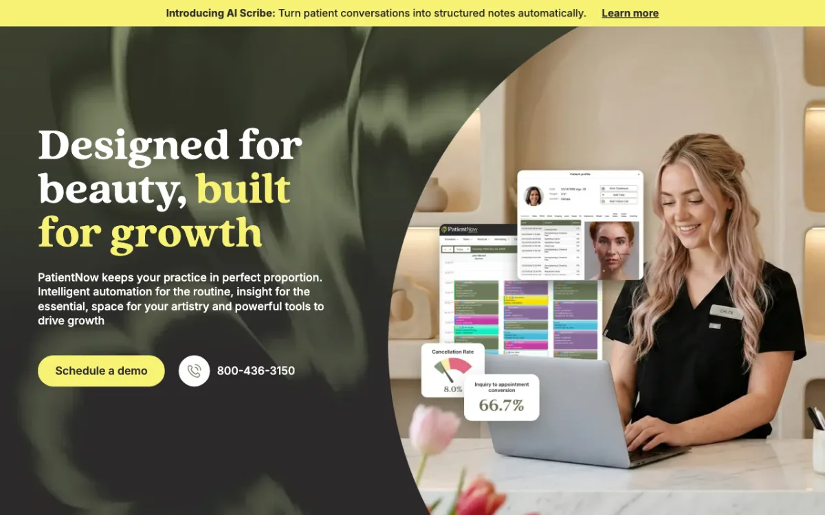 PatientNow practice-management software homepage screenshot, July 2026