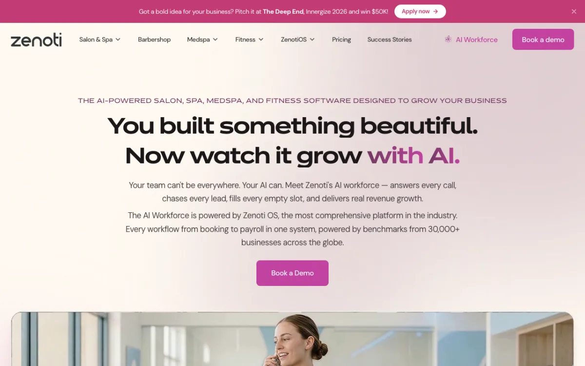 Zenoti practice-management software homepage screenshot, July 2026